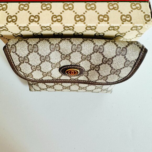 AUTHENTIC GUCCI SIGNATURE GG COATED CANVAS LEATHER TRIM COSMETIC POUCH VINTAGE - Picture 6 of 15